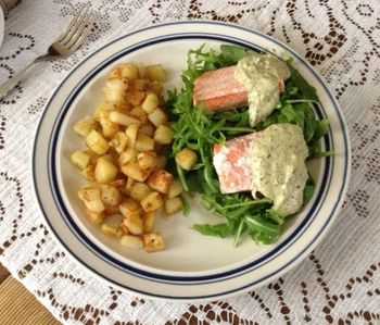 Poached Salmon with Basil Mayo on Arugula with Sauteed Cubed Potatoes
