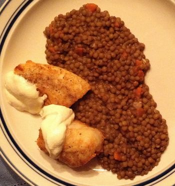 Sauteed Cod with Sour Cream and Mustard on a Bed of Pardina Lentils
