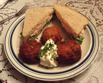 Turkey & Arugula Sandwich on Homemade Wheat Bread and Potato Croquettes with Chive Sour Cream
