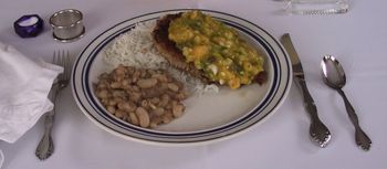 Jerk Schnitzel with Mango Mint Salsa & Jerk Spice Beans and Rice
