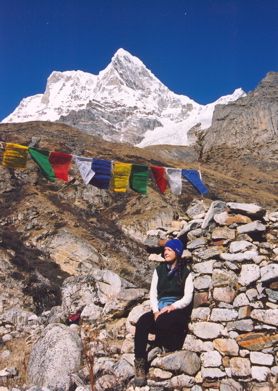 Delene & Prayer Flags in Bhutan during 100 mile trek--16,000 ft.
