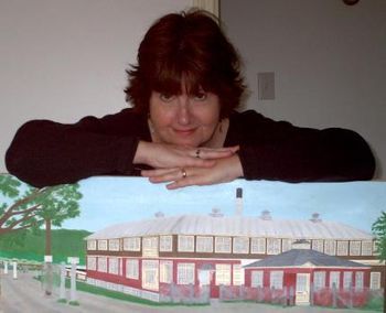 Me with painting of Daddy's Mill, Maine Dowell Corp.
