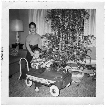 Me and Mike..where's the fire? And what's up with that tree? Perfect tinsel (kids! one strand at a time!!). Thank you very much, Pop.  A grown up Charlie Brown tree.
