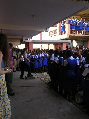 Ras Alan performs for 1200 students at Rusea High School, Lucea, Hanover, Jamaica, 2006
