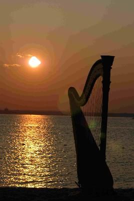 sunset over the water, and harp
