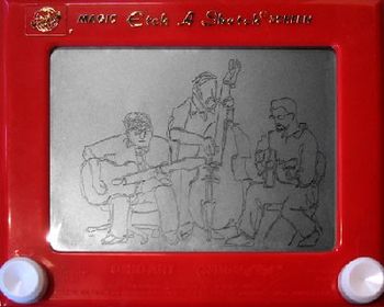 Joey, Bob and Matt play hot club jazz at First-Thursday in the Pearl.  This Etch-A-Sketching was done while we played by the amazing Jonathan Liu.  See more of his wonderful work at www.RainyBayArt.co
