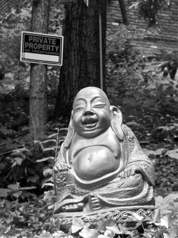 My Buddha.  The neighbors put up the Private Property sign....long story, we inherited a feud from my in-laws.  Anyway, I thought the Buddha with the sign made an interesting photographic study.
