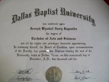 Bachelor of Arts and Science Degree (Music Business/Religion) 2010 DBU
