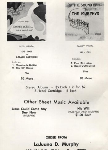 Back-side of Sheet Music, advertizing Murphy Family LP's - 1970's
