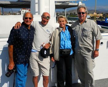 Standing with the Great Ones - Ernie Brooks, Stan Waterman, Valerie Taylor and PCD at the end of the Historical Diving Society's 2009 expedition to film the Great Whites of Guadalupe Island.
