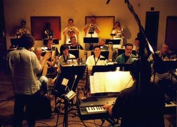 Recording session, with the Magic City Jazz Orchestra, for the Lou's Blues CD at Bates Brothers Recording. Lou Marini on left, Ray Reach seated at piano on right.
