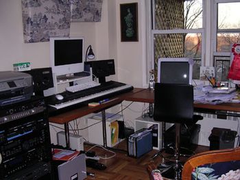Marilynn's Home Studio, New York City w/ Logic Pro 7, iMAC, Apogee Ensemble, MOTU MIDI Express, Westlake monitors and Kurzweil PC 88 MX Keyboard.
