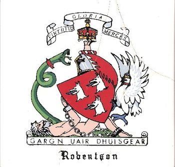 This is the Robertson's Scottish coat of arms.  "Fierce When Roused" is the family motto.
