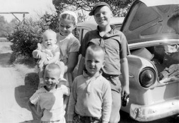 The Schulze kids help unpack my parents' car for another fun week at Millsite Lake.  Front row (l-r): Fritz & Steve.  Back row: Heidi, Elsa & Billy (me)
