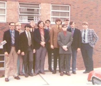 1969-70 Pi brothers (l-r)  Jack Wolfe, Bill Funk, Louie Borino, Bill Robertson, Larry "Pappy" Snyder, Rod Cochran (VP), Walter Szott (President), Dan Day, Dan Selvage (Secretary), Bob Gruver (Treasure
