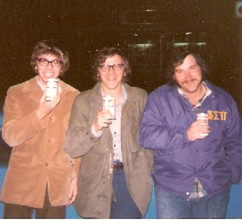 Pi brothers John Fennel, Mike Grabko, and Pappy Snyder take a break from chasing pledges on Hell Night, Spring of '73.
