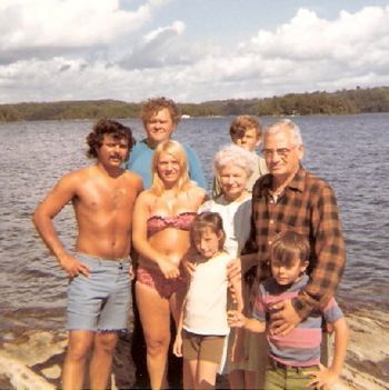 Millsite Lake 1971 (l-r) Pete, Karen, Unidenified Girl, Aunt Marion, Uncle France & Eric Schulze  Row 2 Dad (The Sea Monster) & Fritz Schulze

