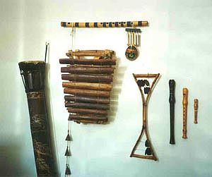 This is an assortment of instruments from Mike’s living room wall that have been used in Chasm recordings. From the top counter-clockwise: African Bamboo Flute with dangling chimes (country unknown); Indonesian Bamboo Drum (maker unknown); African Balafon, a 2 octave pentatonic "mini-marimba" (maker/country unknown); hanging Indian Temple Bells; African Double Tambourine (maker/country unknown); Alto Recorder by Gill of Israel; Soprano Recorder by Kung of Switzerland; Sopranino Recorder (maker/country unknown).