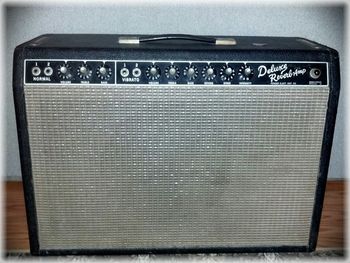 This is an original 1965 Fender Deluxe Reverb "Blackface" amp. I use this amp all the time, and it sounds great. I also have the original Foot Switch for the Reverb and Vibrato, it is a sticker on the switch...REV VIB..
