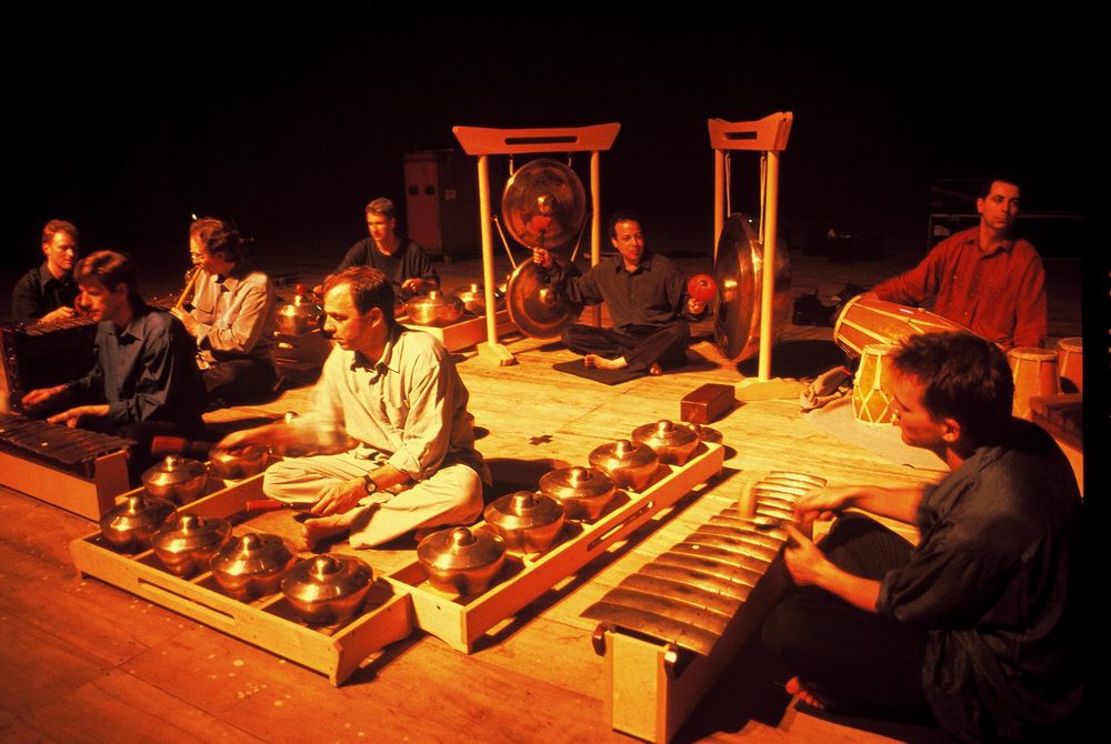 ECCG performing in Bandung, Indonesia, 2001 (Ryan Scott, Bill Parsons, Andrew Timar, Mark Duggan (background), Blair Mackay, Rick Sacks, Paul Houle (background), Graham Hargrove)