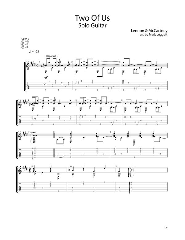 "Two of Us" - arr. Mark Leggett, TAB/Notation (PDF & GuitarPro File)