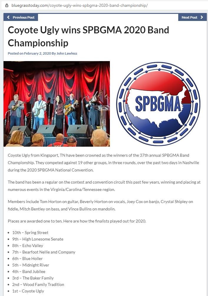 Congratulations to Coyote Ugly for winning 1st place in the SPBGMA International Band Competition on February 2, 2020 in Nashville, Tn.   Also, congratulations to the 2nd through 10th place winners as these placements are well deserved!
