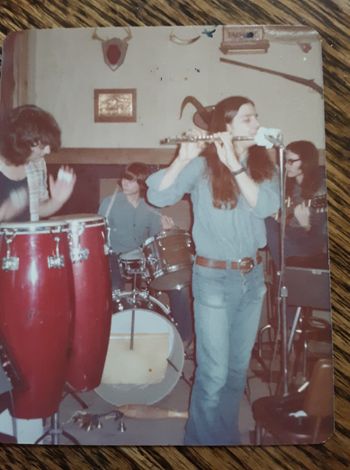 The Jazz Workshop ensemble, ca 1973. Johnny Gibson, flute; John Piper, drums; Bruce Hart, bass; me, guitar; Frank Murrill, percussion. At the old Curve Inn.
