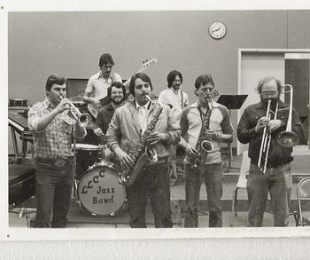 Lincolnland Community College, 1981. Mark Cannedy, trumpet; Paul Lerch,  tenor sax; Brian Moore, alto sax; David Hoffman, valve trombone; Tim Harte, drums; Larry Crowley, bass; me, guitar
