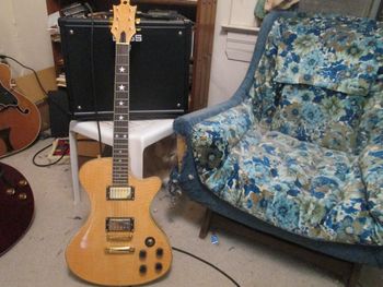 This no-name guitar was built by Jim Hughes, a longtime friend of mine and sometime guitar technician. I love the shape, which is why I bought it.

