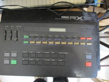 My old but trusty drum machine, a Yamaha RX-15. Very user-friendly. Starting to get senile, freezing up on me in spots. Eventually to be replaced, but time-honored.
