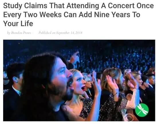 Happy concert-goers with caption: study claims that attending a concert every two weeks can add nine years to your life.