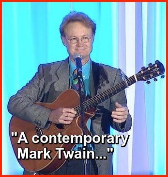 Funny Keynote Speaker Greg Tamblyn with guitar and wry expression. Caption on photo reads: "A Contemporary Mark Twain."