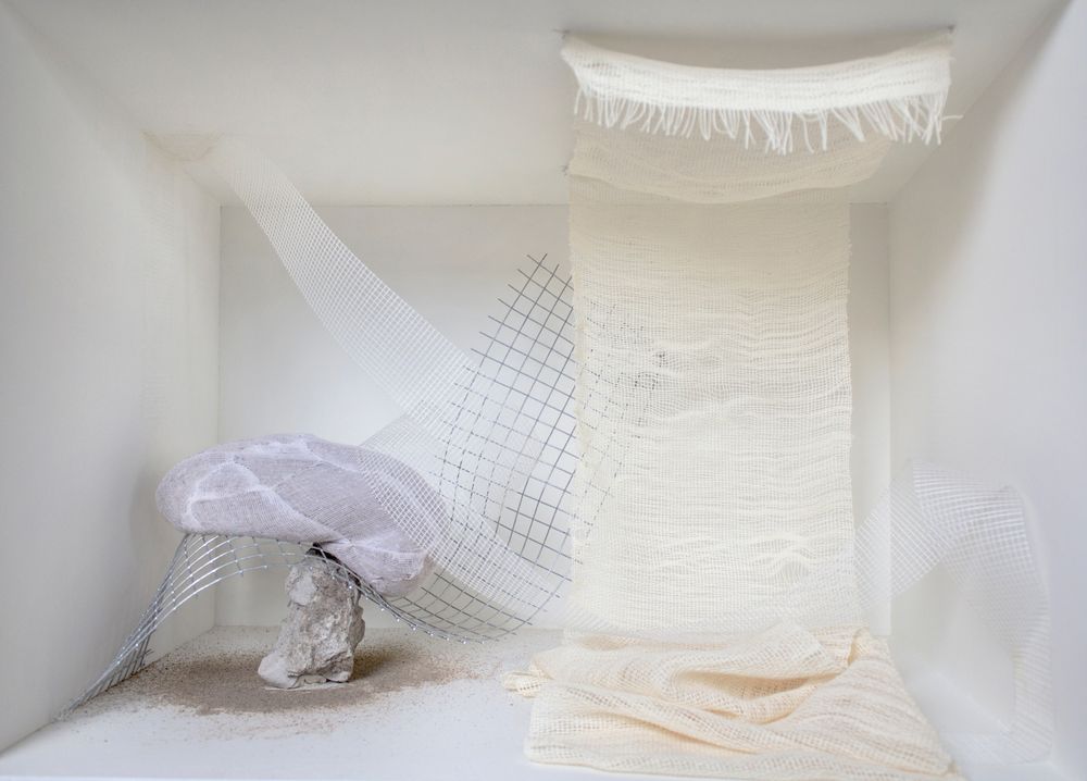 Objects of Tension and Release, 2019. Handwoven cotton cloth, drywall tape, wire mesh, sand, cheesecloth, concrete rubble.