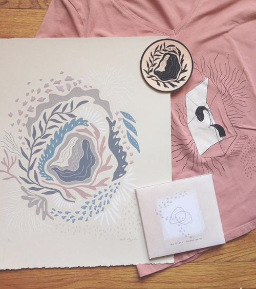 The Lifers "Honey Suite" merch set. Screen-printed poster, patch, t-shirt (printed on second-hand shirts), and CD.