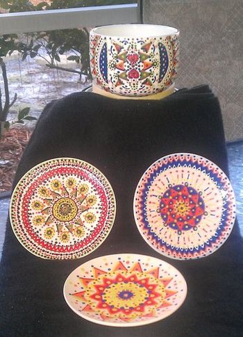 My ceramic artwork - plates and a soup bowl.
