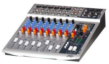 This is the PV® 10 compact mixer the band uses for rehearsals. It gives us easy-to-use features and fine sound in a small, lightweight, but sturdy form factor. Reference-quality mic preamps with a low 0.0007% THD make the PV 10 mixer excellent for live sound as well as for our rehearsals. The PV 10 mixer includes three-band EQ, effects send and monitor send on each channel. With six mono and two stereo channels, the PV 10 offers a total of eight inputs, plenty for Engine14's vocals and Jeff's Yamaha electronic drum kit. The master section includes 48 volt phantom power so Jeff can use his condenser mic with it, built-in digital effects, effects send and return, assignable tape input and a unique master contour EQ that helps sweeten the mix. Dual XLR and 1/4 inch outputs allow the PV 10 to easily connect with other equipment. It also is more colorful than most other mixers!
