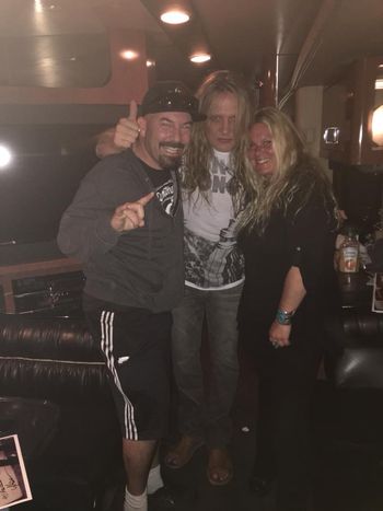 Heath De Fount-Haberlin, Sebastian Bach of Skid Row and Gretchen Stagg on the tour bus in San Francisco, California.
