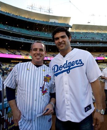 Drummer Noah Margo catches up with fellow Trojan alum and New York Jets QB Mark Sanchez at a Los Angeles Dodgers game.
