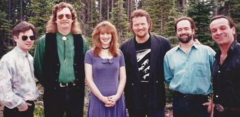 Some of Lisa Brokop's early career shows featured the talents of these musicians (L/R) Greg Hamilton (bass), Jim Dorin (steel guitar), Lisa Brokop, Morry Stearns (keyboards), Tom McKillip (guitar/sax and music director), and Geoff Eyre (drums). (circa August, 1994) (Photo Courtesy: Larry Delaney Photo Archives)
