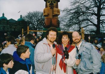 Morry, Janalee, Duncan Meiklejohn singing at totem pole dedication at the Royal BC Museum.
