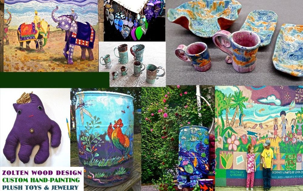 Zolten Wood Design is Available for Murals &  Workshops in Upcycled Crafts, Acrylics, Rain Barrel Painting