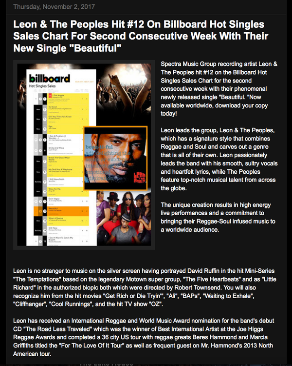 Leon & The Peoples Hit #12 On Billboard Hot Singles Sales Chart For Second Consecutive Week With Their New Single "Beautiful" 