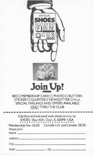 1982 membership card for Shoes Fan Club.
