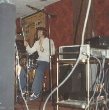 Drummer Barry Shumaker during his only live performance with Shoes, on his Ludwig drum kit, during Shoes' very first gig at the Brat Stop in Kenosha, WI.
