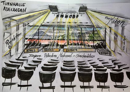 Skizze von Turnhalle Adelboden, in der das Projekt „Adelbodner Sinfonie“ von Johanna Schwarzl und Tirza Vogel stattfindet