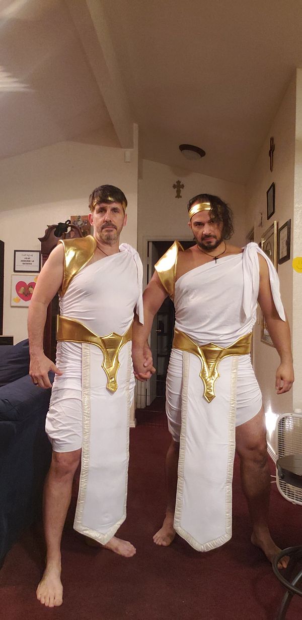 Sidow Sobrino and husband Richard Sidow-Sobrino  dressed as Zeus for Halloween 2020