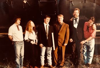 The Happy Burnells, ready to take the stage at an early gig, 1997 (left to right, Ed Reynolds, Kat, Jason, Mark, Gary, Mike). This lineup played together till 2002.
