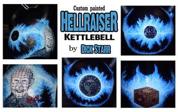"Hell-Raiser" Hand painted Hellraiser themed Kettle Bell made using... 16kg (35lb) KTC Russian Kettle Bell, acrylic base, acrylics, paint pens, clear matte finish.
