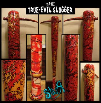 "True-Evil Slugger" Hand painted zombie killing baseball bat made using... Official Louisville Slugger bat, bevel, chisel, hammer, acrylics, paint pens, sculpy, grip tape, crystal clear coat.
