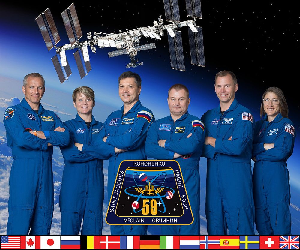 Expedition 59 Crew.  Christina Koch is on the far right of this image.